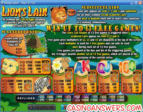 lions lair casino bonus game