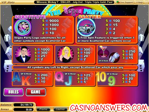 vegas party casino bonus game